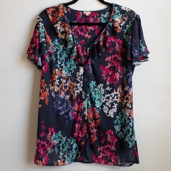 Reba blue floral button up top-L - Picture 1 of 5